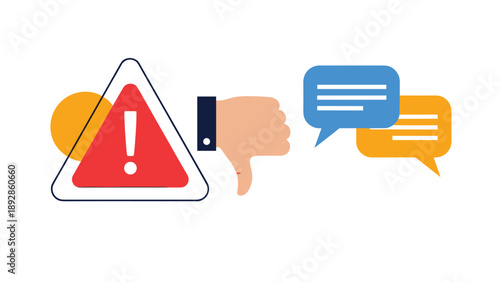 Negative feedback concept with a warning sign, a thumbs down gesture, and blue and yellow speech bubbles.