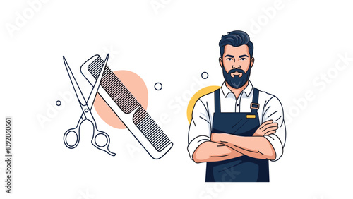 Professional male barber with a beard standing next to large icons of a hair comb and a pair of scissors.