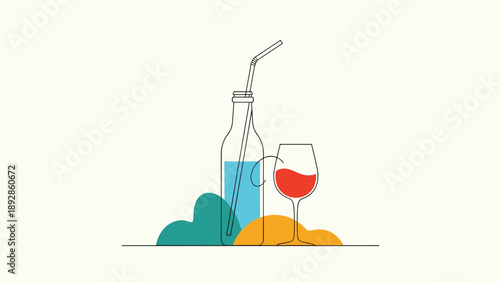 Minimalist line art depicting a bottle with a straw and a glass of wine against abstract colorful shapes.