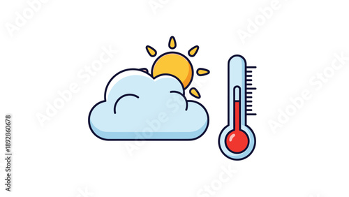 Weather forecast illustration showing a sun behind a cloud next to a thermometer indicating warm temperature.