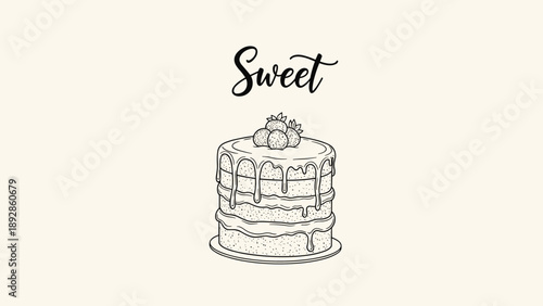 Hand-drawn sketch of a three-layered sponge cake topped with fresh berries and stylized cursive sweet text.