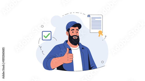Happy delivery driver in a blue uniform giving a thumbs up next to a checkmark and a certificate of excellence.