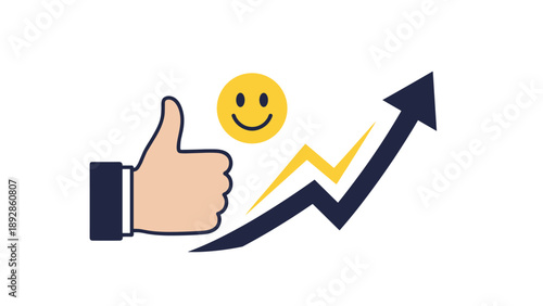 Positive business growth visualization with thumbs up gesture, yellow smiley face icon, and upward trending dark arrow.