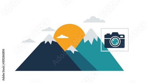 Landscape photography concept featuring stylized mountain peaks with sun and camera icon in frame over white background.