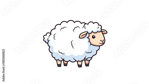 Fluffy white sheep illustration standing calmly with soft wool and friendly expression isolated on plain white background.