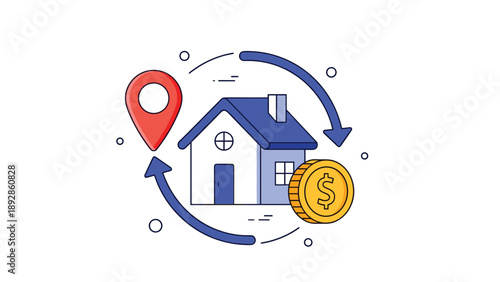 Real estate and mortgage concept graphic showing house with location pin and dollar coin linked by circular arrows.