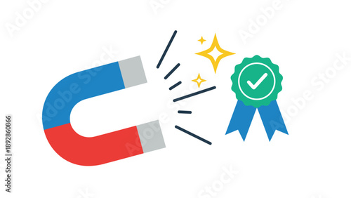 Marketing attraction concept showing large horseshoe magnet pulling a green award ribbon with yellow shining stars.