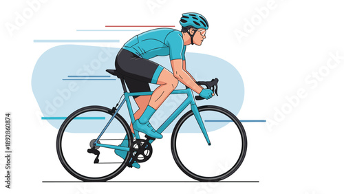 Professional male cyclist in blue and black gear riding racing bicycle against stylized speed lines background.