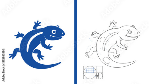 Graphic design study of blue lizard logo featuring solid version next to outline and geometric construction guide.