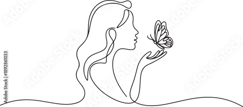 Women’s day line art style vector illustration. Line art vector illustration of beauty woman with a butterfly.one line vector illustration with white background