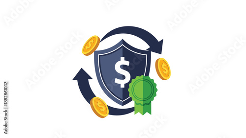 Financial security concept with a blue shield, dollar sign, golden coins, curved arrows, and a green guarantee ribbon seal.