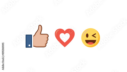 Set of common social media reaction icons including a blue thumbs up like, a red heart love, and a yellow winking face.