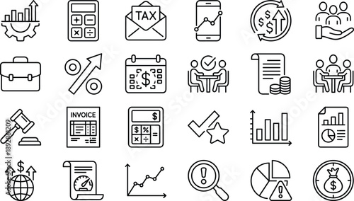 Business finance line icons set showing accounting analytics taxation investment growth charts invoices reports and management symbols in modern outline style design collection