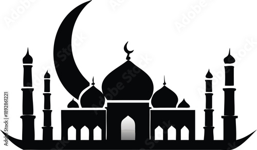 Black Mosque Silhouette with Crescent Moon for Islamic Celebrations Representing Religious Beliefs