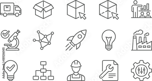 Business process, logistics, startup and industry line icons set isolated on white background, innovation, manufacturing, management, development workflow symbols outline vector
