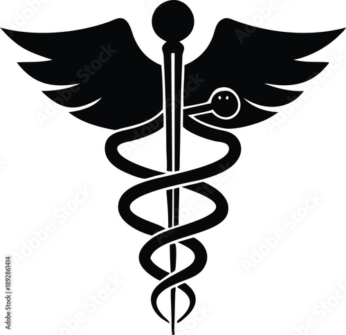 Medical Symbol Vector Art: Caduceus Icon, Healthcare Emblem, Clinic Sign, Pharmacy Logo in Black and White Silhouette