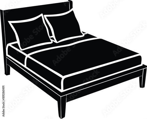 Black Bed Frame with Pillows and Blanket for Sleeping, Resting, and Bedroom Furnishing, Hotel Stay, Interior Design