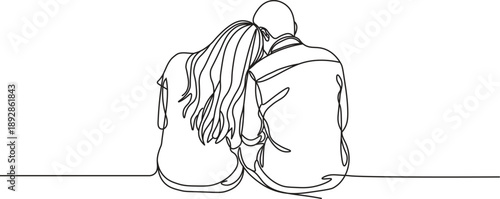 Couple Sitting Together Line Art, Continuous One-Line Drawing of Woman Leaning on Partner’s Shoulder