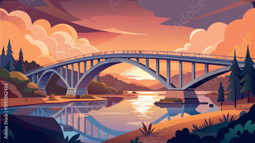 Serene Sunset Bridge Over Calm River Flat Vector Illustration