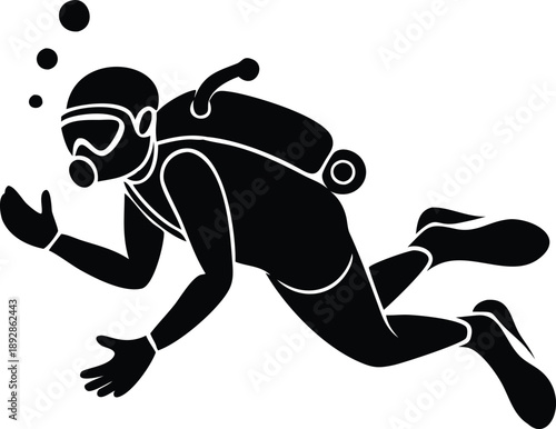 Diver Silhouette Art Vector Design Illustration: Underwater Adventure, Exploration, Water Sports, Scuba Diving
