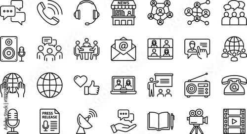 Communication and Media Line Icons Set Featuring Social Interaction, News, Broadcasting, Messaging, Online Meetings, Global Connectivity and Digital Communication Concepts for Web and App Design