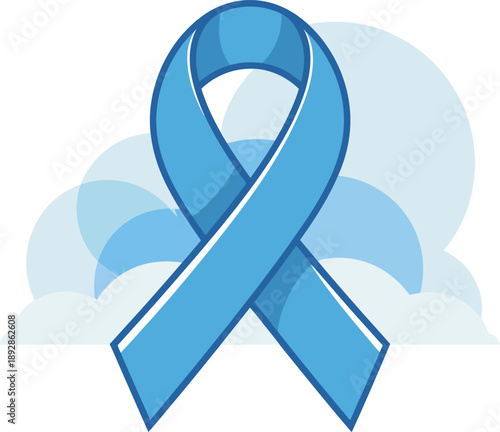 A light blue ribbon illustration displayed on a white background with subtle cloud shapes