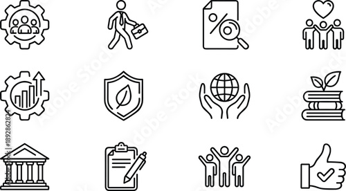 Corporate social responsibility and sustainability line icons set featuring ethics, governance, community, growth, compliance, environmental care, teamwork, and global impact symbols design