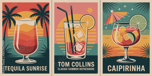 Layered Tequila Sunrise Cocktail in Tall Glass with Sunset Background and Palm Tree Silhouettes, EPS Vector