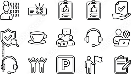 Customer Support and Business Operations Line Icons Set Featuring Approval, Security, Communication, Training, Productivity, Digital Services and Professional Workflow Concepts for Corporate and 