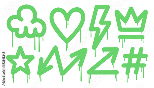 Lime Green Graffiti Symbol Set with Heart Cloud and Star Spray Elements