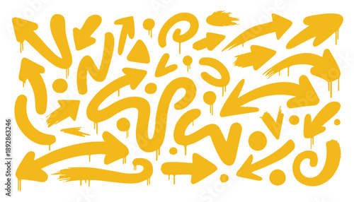 Yellow Graffiti Arrow Drip Set with Abstract Spray Paint and Urban Street Art Elements
