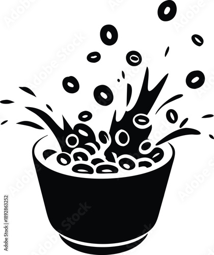 Breakfast Cereal Bowl Splash Milk Pouring Crunchy Rings Morning Nutrition Healthy Start Black and White Silhouette Vector