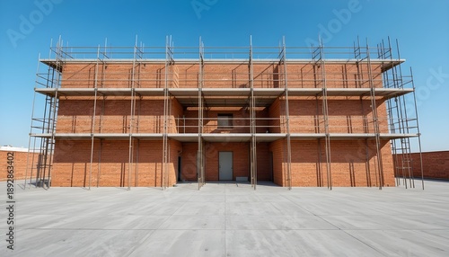 Construction site facade framed by metal scaffolding and exposed orange brickwork, concrete floors and clear blue sky background.