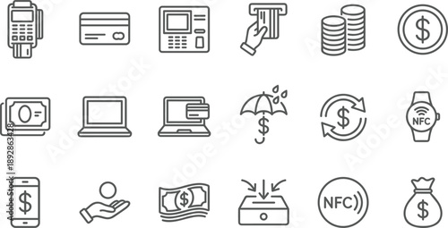 Digital payment and banking line icons set featuring POS terminal, credit cards, mobile payment, NFC technology, online banking, money transfer, cash withdrawal, and financial security symbols