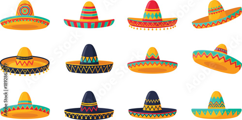 Set of traditional Mexican sombrero hats with colorful patterns and embroidery, festive wide-brimmed straw hats for Cinco de Mayo celebration and Mexican culture design.