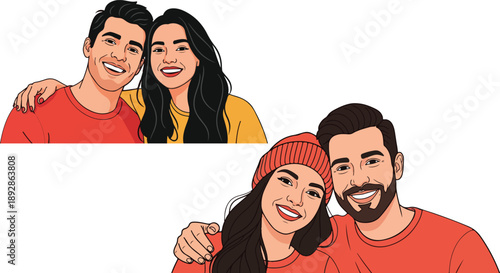 Two diverse happy couples embracing warmly showcasing affection and strong relationship bonds in modern cartoon style on transparent background