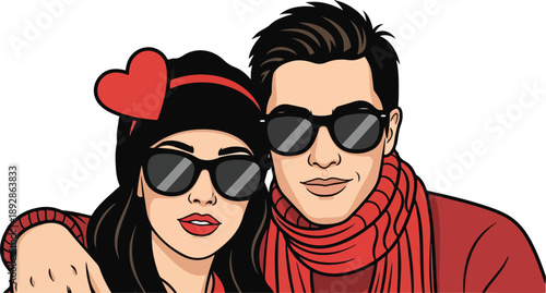 Stylish young couple embracing warmly while wearing sunglasses and winter accessories for a romantic holiday season on transparent background
