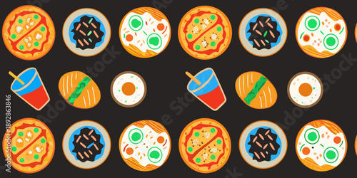 Colorful cartoon icons depicting various foods and drinks in a grid pattern