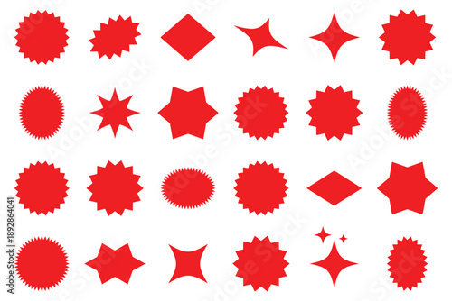 Set of red price sticker, sale or discount sticker, sunburst badges icon. Stars shape with different number of rays. Special offer price tag. Red starburst promotional badge set, shopping. EPS 10. 