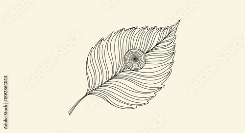 Detailed Line Art of a Single Leaf with a Circular Droplet.