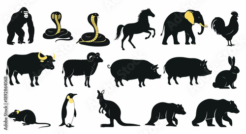 Collection of black animal silhouettes on white background Keywords: gorilla, cobra, snake