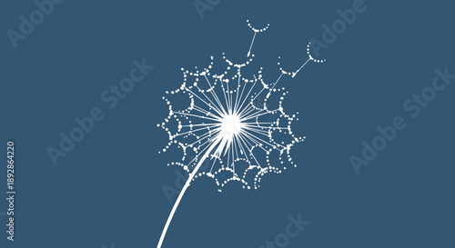 Delicate Dandelion Seed Head Illustration on Blue Background.