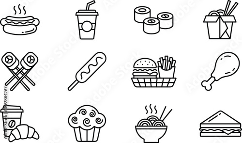 Fast food and street food line icons set including burger, hot dog, noodles, coffee, sushi, fries, cupcake, takeaway box and snacks outline vector collection