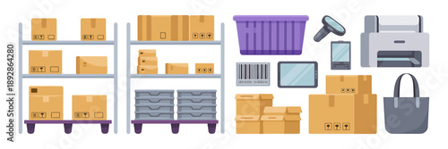 Warehouse storage shelves with boxes and office supplies on white background