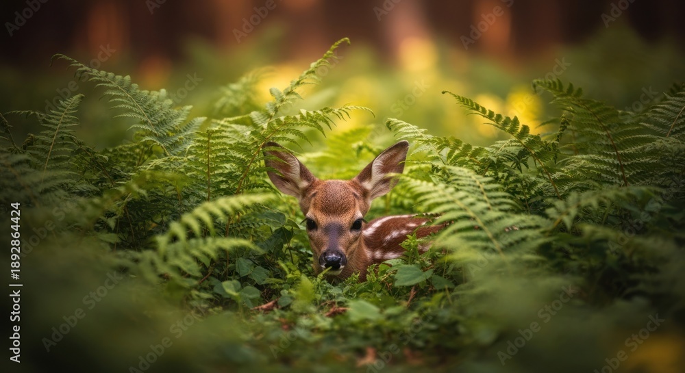 Obraz premium Fawn nestled in ferns looks at viewer in soft focused forest scene