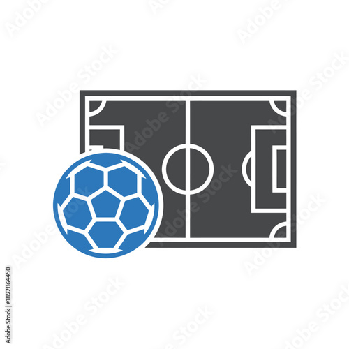 Soccer field with blue ball for sports and games concept
