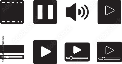 Collection of eight black digital interface icons representing media playback controls including film strip pause volume