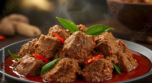 Close Up Of Traditional Indonesian Rendang Dish On A Black Plate Food Photography