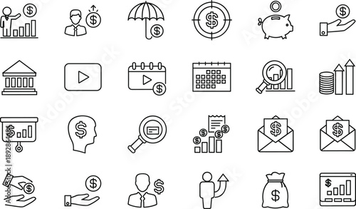 Finance and investment line icons set showing money growth, savings, banking, insurance, analytics, profit tracking, income management, and financial planning concepts for business 