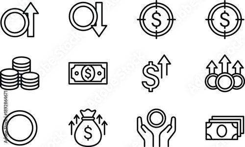 Finance and money growth line icons set isolated on white background, profit increase, investment targets, income symbols, savings, revenue and financial success outline design